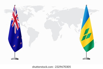 New Zealand and Saint Vincent and the Grenadines flags for official meeting against background of world map.