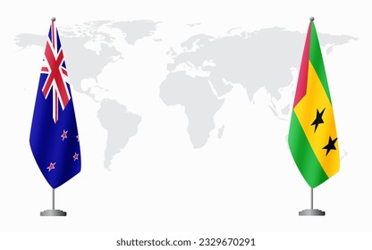 New Zealand and Sao Tome and Principe flags for official meeting against background of world map.