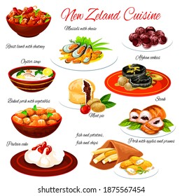 New Zealand seafood and meat food with vegetables. Vector lamb chutney, fish and chips, meat pie and pavlova cake, beef steak, pork stew and baked mussels with cheese, oyster soup and chocolate cookie