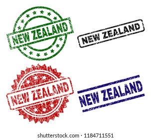 NEW ZEALAND seal prints with distress style. Black, green,red,blue vector rubber prints of NEW ZEALAND label with retro style. Rubber seals with circle, rectangle, medallion shapes.