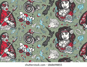 New Zealand Seamless Pattern. Aboriginal Tribes, Maori Man Warrior Grimace. Tradition And People. Tourism And Travel. Old School Tattoo Collection. Ethnic Polynesian Woman In Traditional Costume 