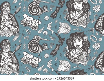 New Zealand seamless pattern. Aboriginal tribes, Maori man warrior grimace. Tradition and people. Tourism and travel. Old school tattoo collection. Ethnic Polynesian woman in traditional costume