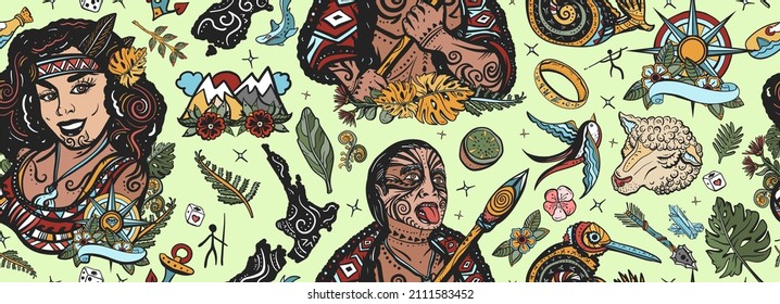 New Zealand Seamless Pattern. Aboriginal Tribes. Ethnic Polynesian Woman In Traditional Costume. Maori Man Warrior Grimace. Tradition And People. Tourism And Travel. Old School Tattoo Background 