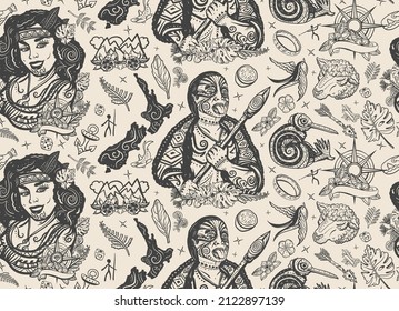 New Zealand Seamless Pattern. Aboriginal Tribes. Tradition And People. Tourism And Travel. Old School Tattoo Background. Ethnic Polynesian Woman In Traditional Costume. Maori Man Warrior Grimace