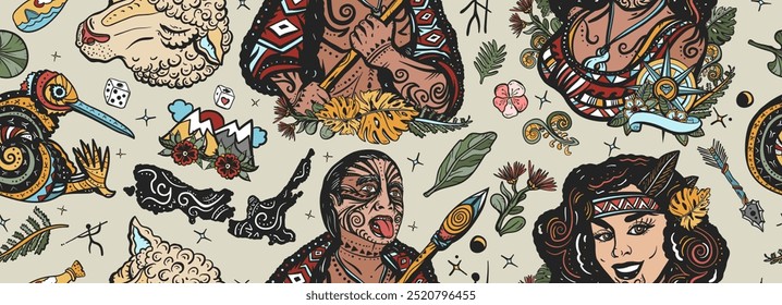 Nova Zelândia padrão sem emenda. Tribos aborígenes. Tradição e povo. Turismo e viagens. Histórico de tatuagem da escola antiga. Mulher étnica polinésia em traje tradicional. Homem Maori guerreiro grimace