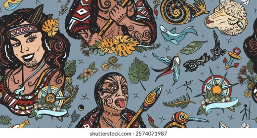 New Zealand seamless pattern. Aboriginal tribes. Ethnic Polynesian woman in traditional costume. Maori man warrior grimace. Tradition and people. Tourism and travel. Old school tattoo background