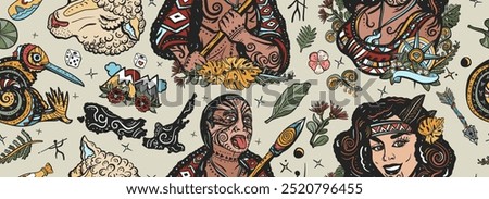 New Zealand seamless pattern. Aboriginal tribes. Tradition and people. Tourism and travel. Old school tattoo background. Ethnic Polynesian woman in traditional costume. Maori man warrior grimace