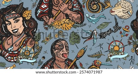 New Zealand seamless pattern. Aboriginal tribes. Ethnic Polynesian woman in traditional costume. Maori man warrior grimace. Tradition and people. Tourism and travel. Old school tattoo background