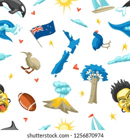 New Zealand seamless pattern. Oceanian traditional symbols and attractions.