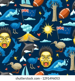 New Zealand seamless pattern. Oceanian traditional symbols and attractions.