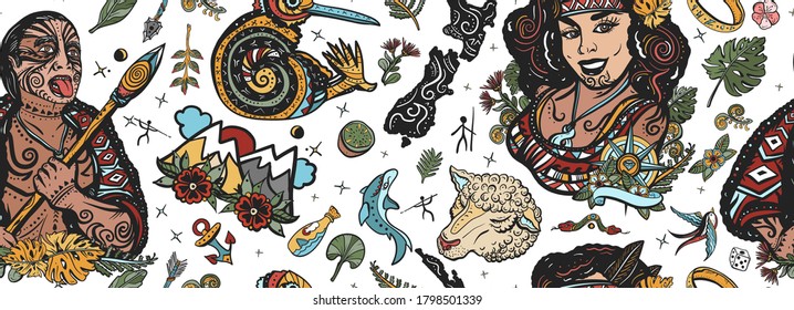 New Zealand Seamless Pattern. Old School Tattoo Collection. Ethnic Polynesian Woman In Traditional Costume. Aboriginal Tribes, Maori Man Warrior Grimace. Tradition And People. Tourism And Travel 