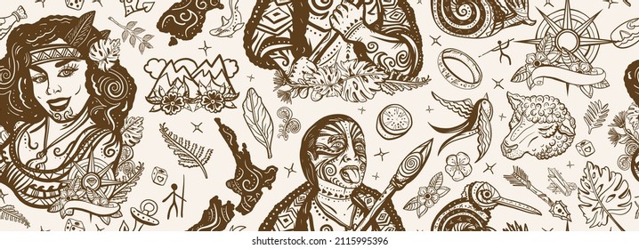 New Zealand seamless pattern. Tradition and people. Tourism and travel. Old school tattoo background. Aboriginal tribes. Ethnic Polynesian woman in traditional costume. Maori man warrior grimace