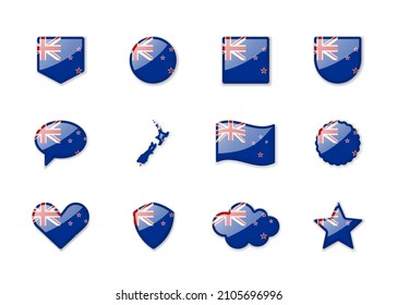 New Zealand - set of shiny flags of different shapes. Vector illustration