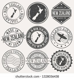 New Zealand Set of Stamps. Travel Stamp. Made In Product. Design Seals Old Style Insignia.