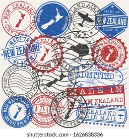 New Zealand Set of Stamps. Travel Passport Stamp. Made In Product. Design Seals Old Style Insignia. Icon Clip Art Vector.