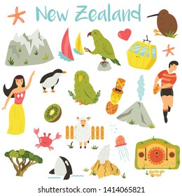 New Zealand set of symbols, elements, landmarks, animals
