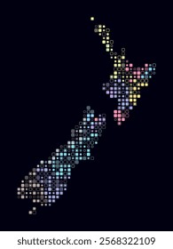 New Zealand, shape of the country build of colored cells. Digital style map of the New Zealand on dark background. Small size rounded square blocks. Stylish vector illustration.