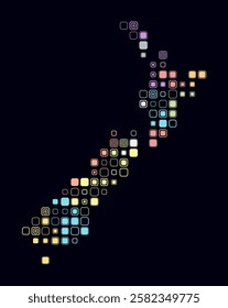 New Zealand, shape of the country build of colored cells. Digital style map of the New Zealand on dark background. Large size rounded square blocks. Artistic vector illustration.