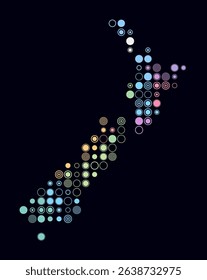 New Zealand, shape of the country built of colored cells. Digital style map of New Zealand on a dark background. Large size circle blocks. Beautiful vector illustration.