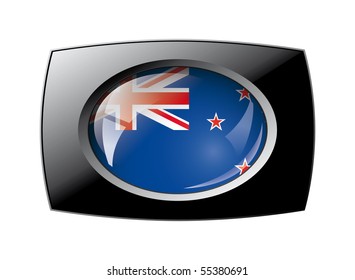 New zealand shiny button flag with black frame -  vector illustration. Isolated abstract object against white background.