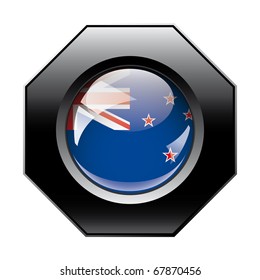 New zealand shiny button flag with black frame -  vector illustration. Isolated abstract object against white background.
