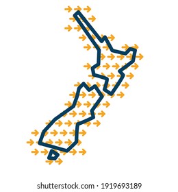 New Zealand simple outline map with yellow directional arrows.