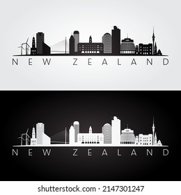 New Zealand skyline and landmarks silhouette, black and white design, vector illustration.