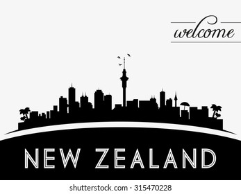 New Zealand skyline silhouette, black and white design, vector illustration