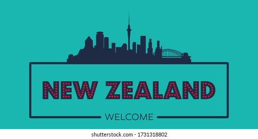 New Zealand skyline silhouette flat design typographic vector illustration.