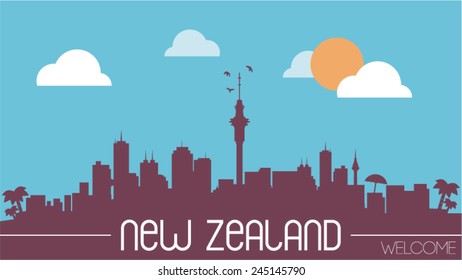 New Zealand skyline silhouette flat design vector illustration.