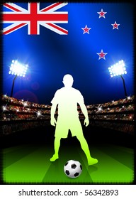 New Zealand Soccer Player with Flag on Stadium Background Original Illustration