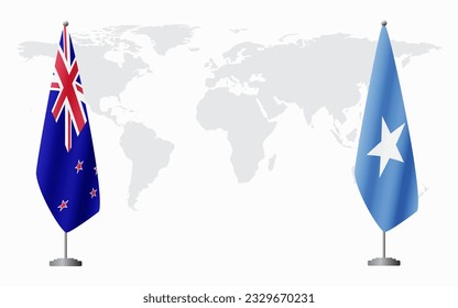 New Zealand and Somalia flags for official meeting against background of world map.