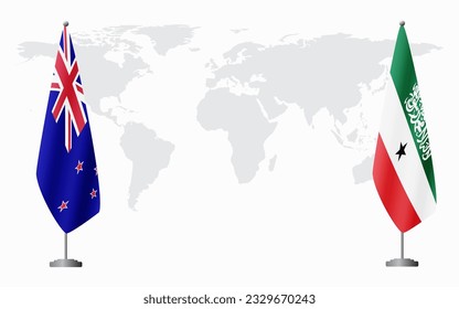 New Zealand and Somaliland flags for official meeting against background of world map.