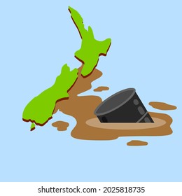 New Zealand. South Island in Polynesia.. Blue sea and ocean. Oil spill. Environmental problem. Barrel of petroleum.
