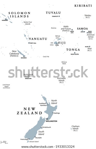 New Zealand and southern Polynesia, gray\
political map with capitals. Solomon Islands, Vanuatu, Fiji, Tonga,\
Samoa and New Caledonia. Islands in the South Pacific Ocean.\
English. Illustration.\
Vector.