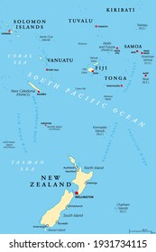 New Zealand and southern Polynesia, political map with capitals. Solomon Islands, Vanuatu, Fiji, Tonga, Samoa and New Caledonia. South Pacific Ocean islands. English labeling. Illustration. Vector.