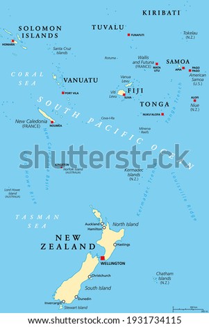 New Zealand and southern Polynesia, political map with capitals. Solomon Islands, Vanuatu, Fiji, Tonga, Samoa and New Caledonia. South Pacific Ocean islands. English labeling. Illustration. Vector.