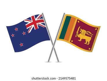 New Zealand and Sri Lanka crossed flags. NZ and Sri Lankan flags on white background. Lion flag. Sinha Flag. Vector icon set. Vector illustration.