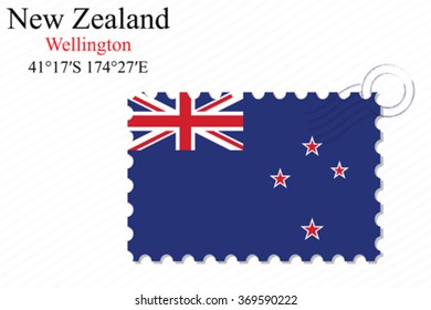 new zealand stamp design over stripy background, abstract vector art illustration, image contains transparency