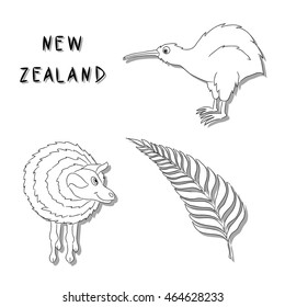 New Zealand symbols. A set of black line primitive icons: Kiwi bird, a sheep, a silver fern branch. Vector illustration drawn by hand. It can be used for coloring, printing, logo, buttons, cards.