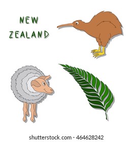 New Zealand symbols. A set of primitive colored icons: Kiwi bird, a sheep, a silver fern branch. Vector illustration drawn by hand. It can be used for printing, logos, buttons, cards.