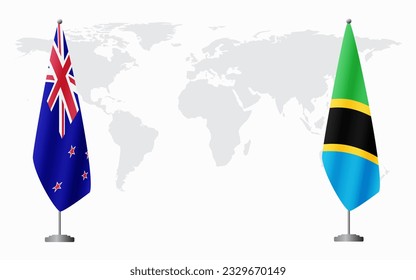 New Zealand and Tanzania flags for official meeting against background of world map.