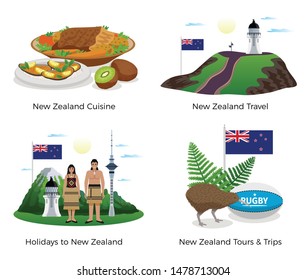 New Zealand tourism concept icons set with cuisine and sports symbols flat isolated vector illustration