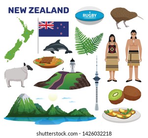 New Zealand tourism set with nature and food symbols flat isolated vector illustration