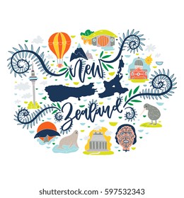 New Zealand travel attractions and symbols hand drawn concept with famous buildings, animals and landmarks. Vector illustration for tourist guide, poster, post card, souvenir. Unique lettering design.