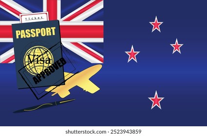 New Zealand Travel Documentation Concept with blue Passport and New Zealand Flag. Approved Stamp. Airplane and Travel Tickets. Ideal for Immigration Tourism and Traveling Themes. Vector EPS available