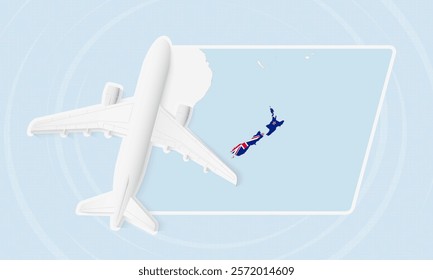 New Zealand Travel Illustration with Plane and National Flag. Ideal for travel agencies, promotional materials, or geographic content related to New Zealand.