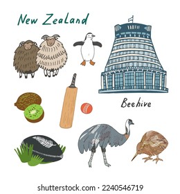 New Zealand travel landmark vector illustrations set.