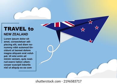 New Zealand travel vector banner with paper flag and text space, New Zealand country flag on paper plane, holiday and vacation concept, summer travel template and pattern, flight ticket idea