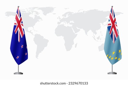 New Zealand and Tuvalu flags for official meeting against background of world map.